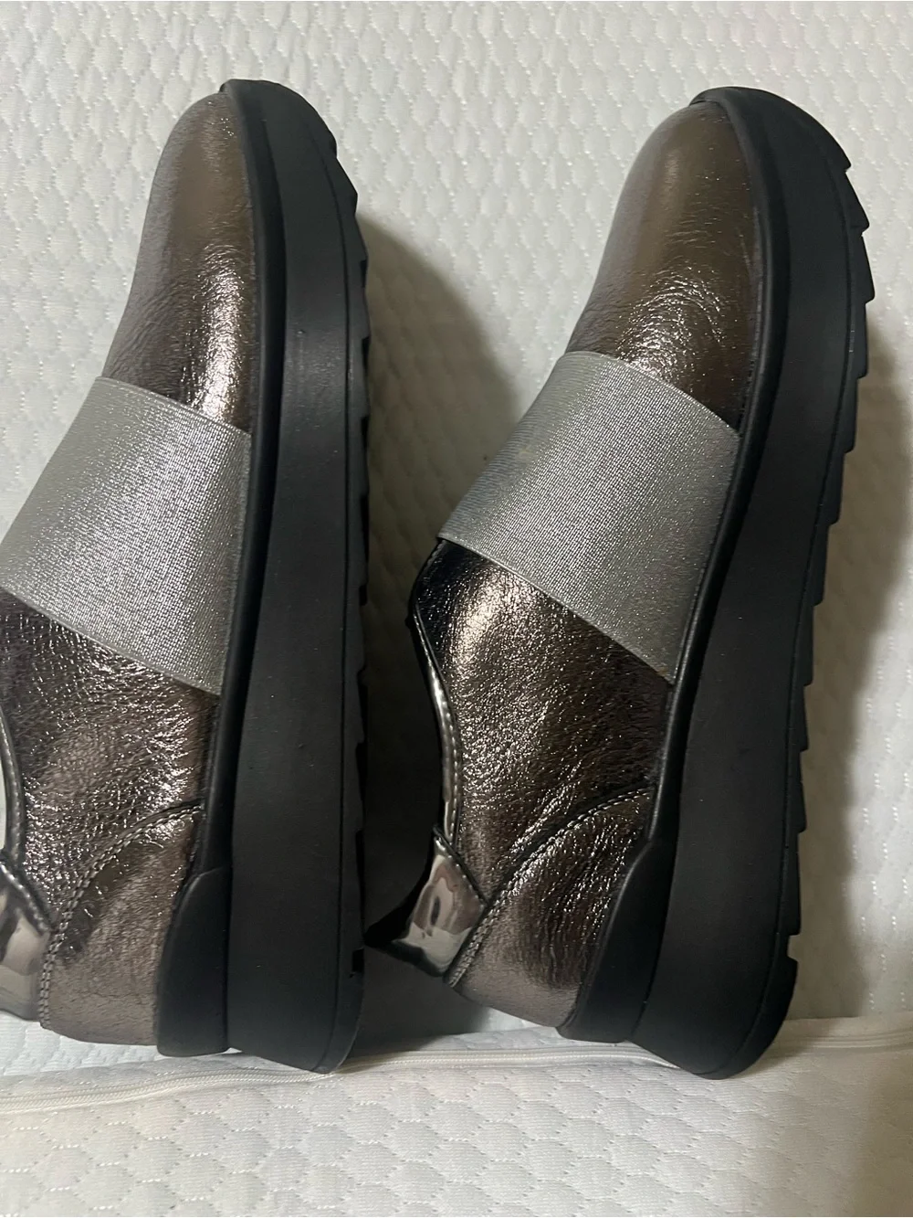 Metallic Bronze Slip-On Loafers with Wide Elastic Strap
